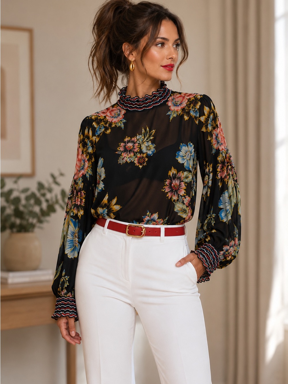 Jealous Tomato Boho Tropical Floral Smocked High Neck Balloon Sleeve Blouse M